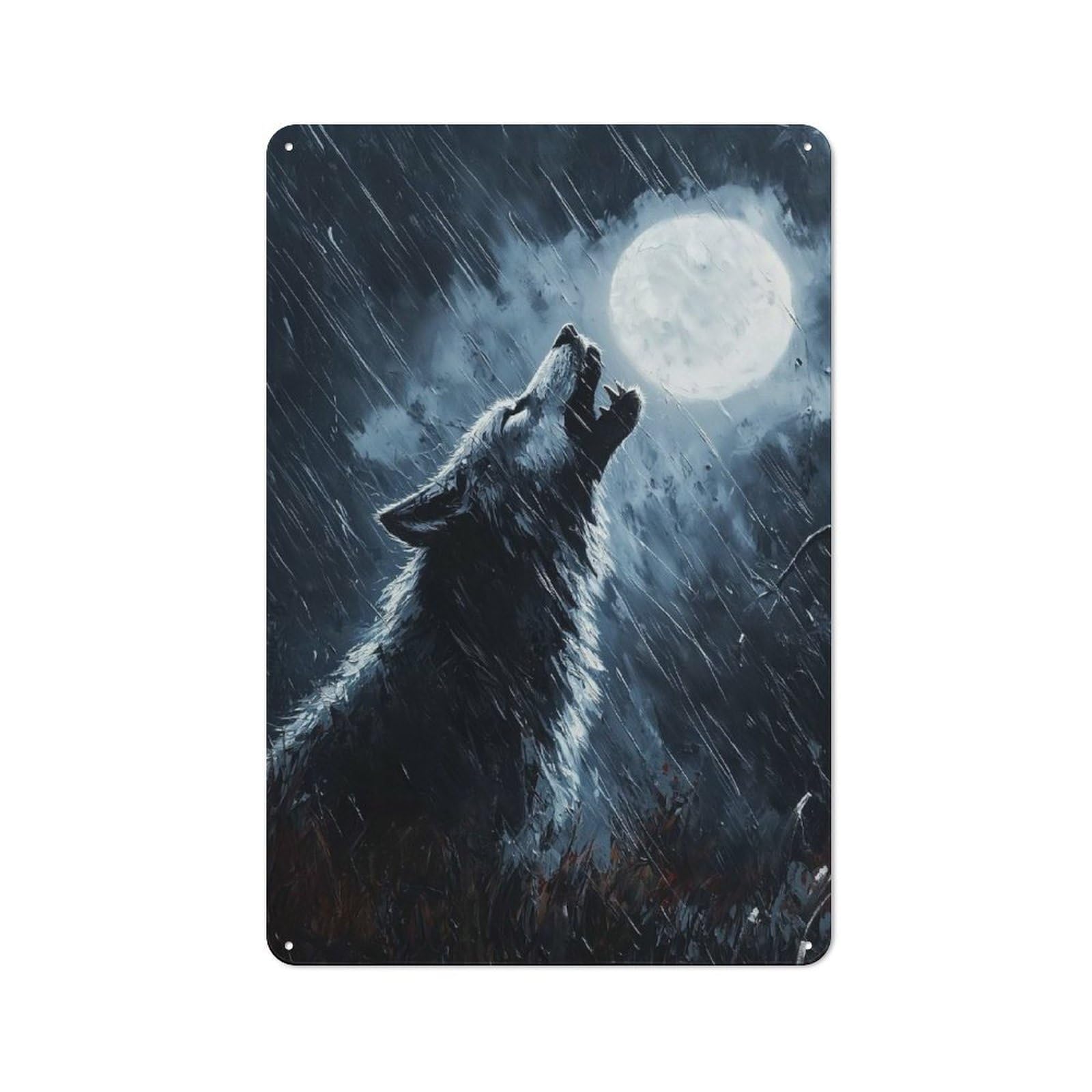 Junmoney Style-8 Workshop Style Werewolf Howling In Rain Tin Sign 30X20cm, Workshop Wall Decor For Tool Room, Garage, Studio Or Home Bar
