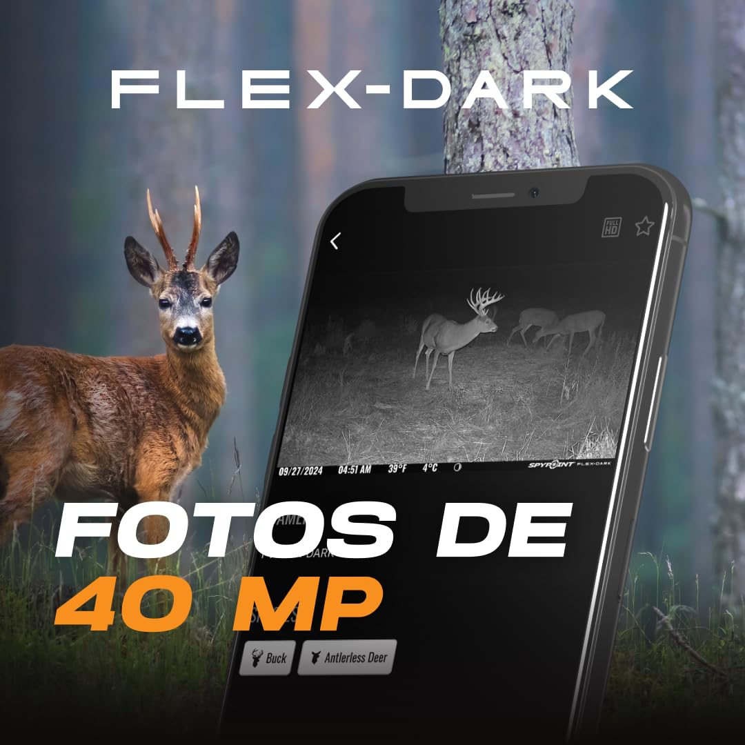 SPYPOINT Flex-Dark Cámara de rastreo Celular 4G, Fotos 40 MP, Video 1080p con Sonido, visión Nocturna sin Brillo, detección Movimiento 30 m, sin WiFi