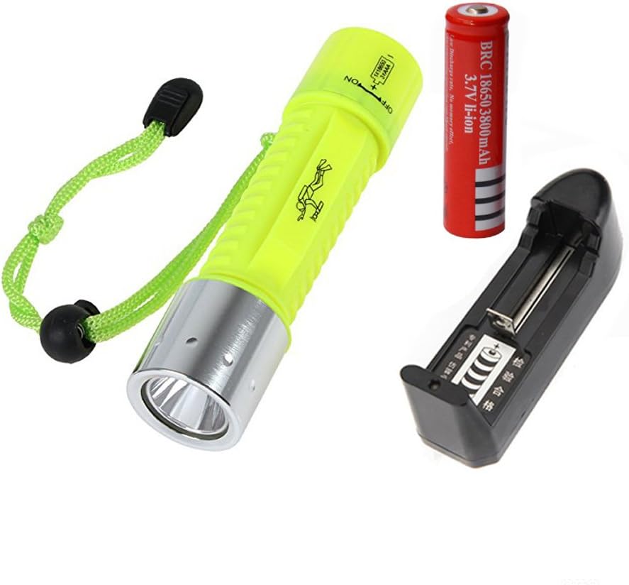 FirstRank 60M Waterproof Cree XM-L T6 LED 1200 Lumens 3 Modes Scuba Underwater Diving Submarine Swimming Light Flashlight Torch(Yellow D3A-Y2,with 1x18650 Battery and Charger)