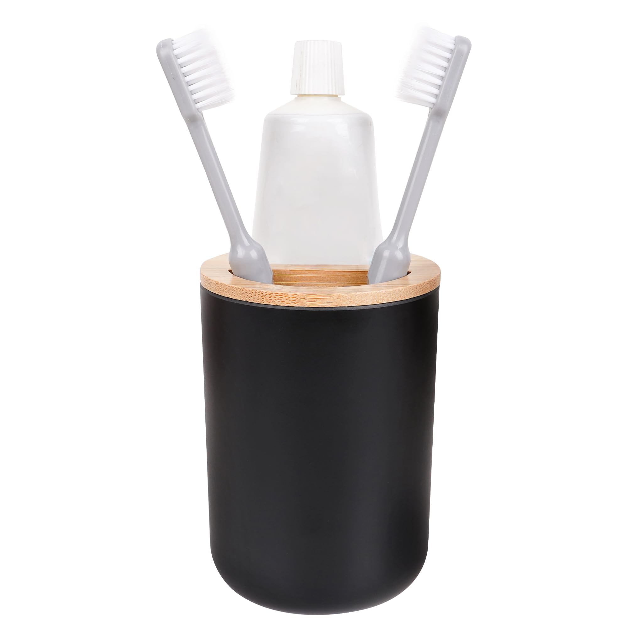 Adorila Black and Wood Toothbrush Holder - Round Bamboo & Plastic Bathroom Organizer - Small Toothpaste Caddy - Modern Decor