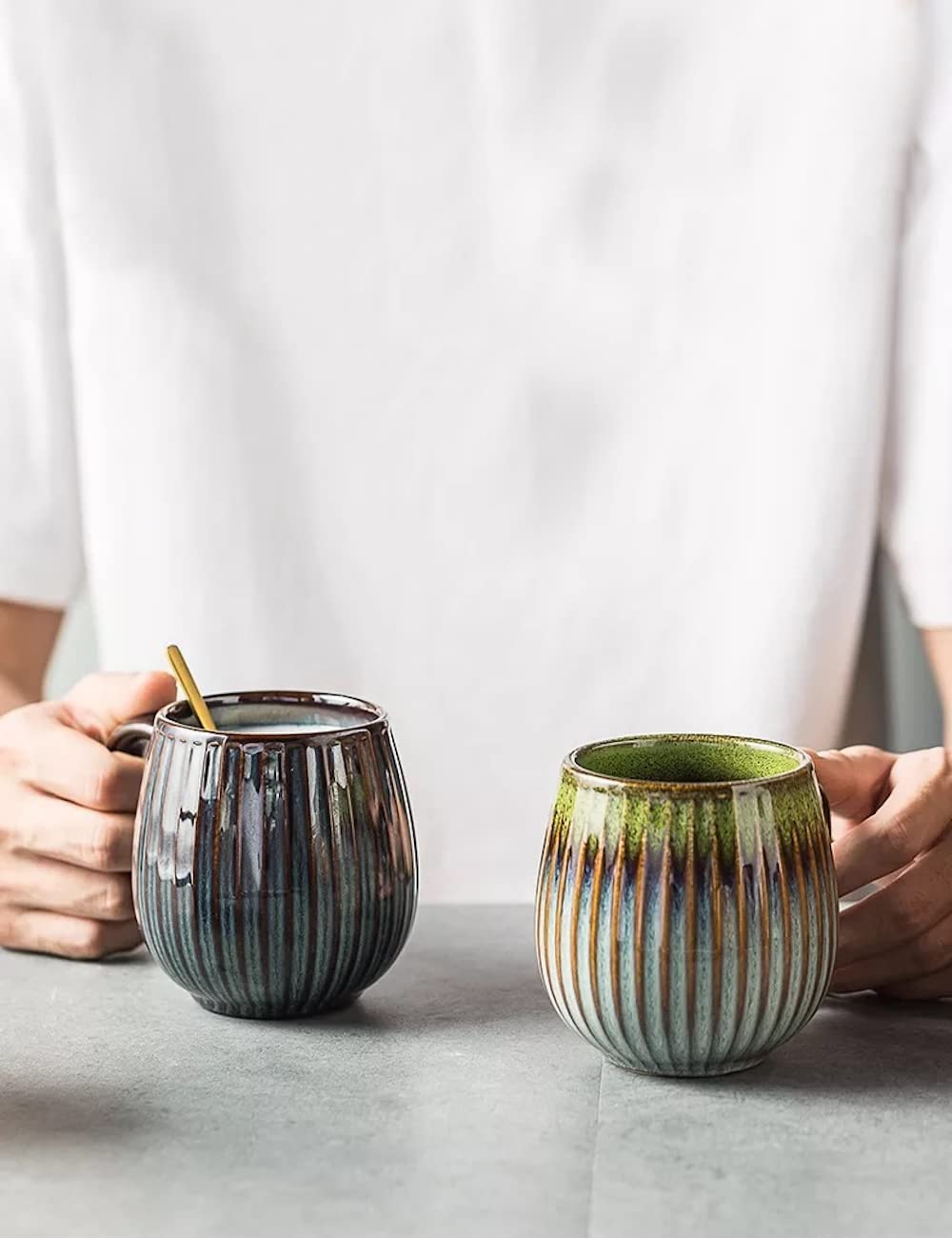 Saumo 5er Set 480 ml Hochwertige Handgefertigte Kaffeetassen aus Porzellan, Kaffee - Tasse in Modern Vintage Design - große Kaffeebecher mit großem Henkel für Kaffee & Tee