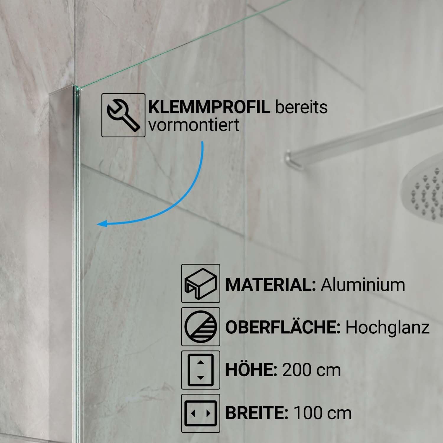 Duschwand Duschabtrennung Duschkabine Dusche (BxH) 100 cm x 200 cm Walk-In AquaSplash DIY Glas 8 mm