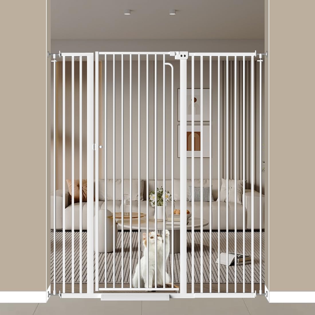 57" Extra Tall Cat Gate, 48.0"-52.7" Wide Pet Gate for Doorway, Pressure Mounted Tall Baby Gate with Door, Walk Through Dog Gate Indoor Stairs, Auto Close Cat Safety Gates, White