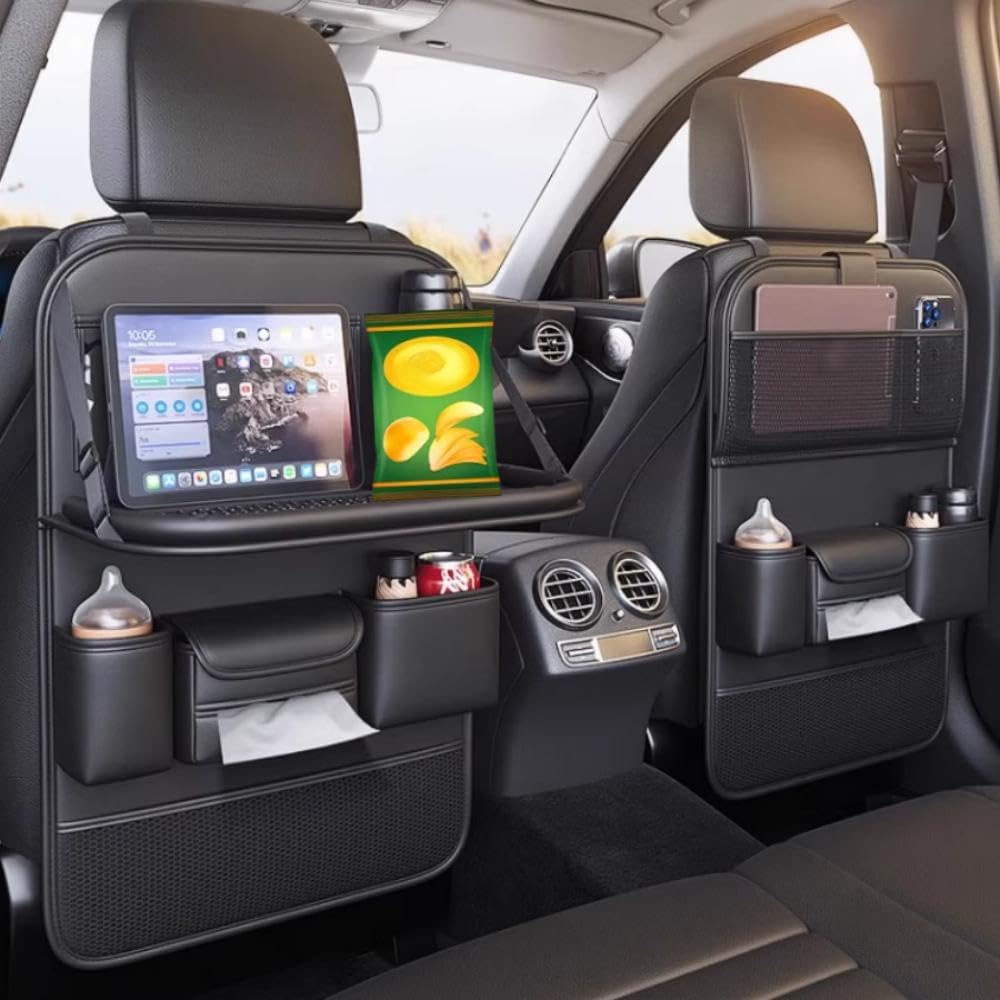 2 Pack Leather Car Backseat Organizer with Foldable Table Tray, Car Seat Back Protector Kick Mats with Tablet Holder, Travel Accessories Storage Organizer