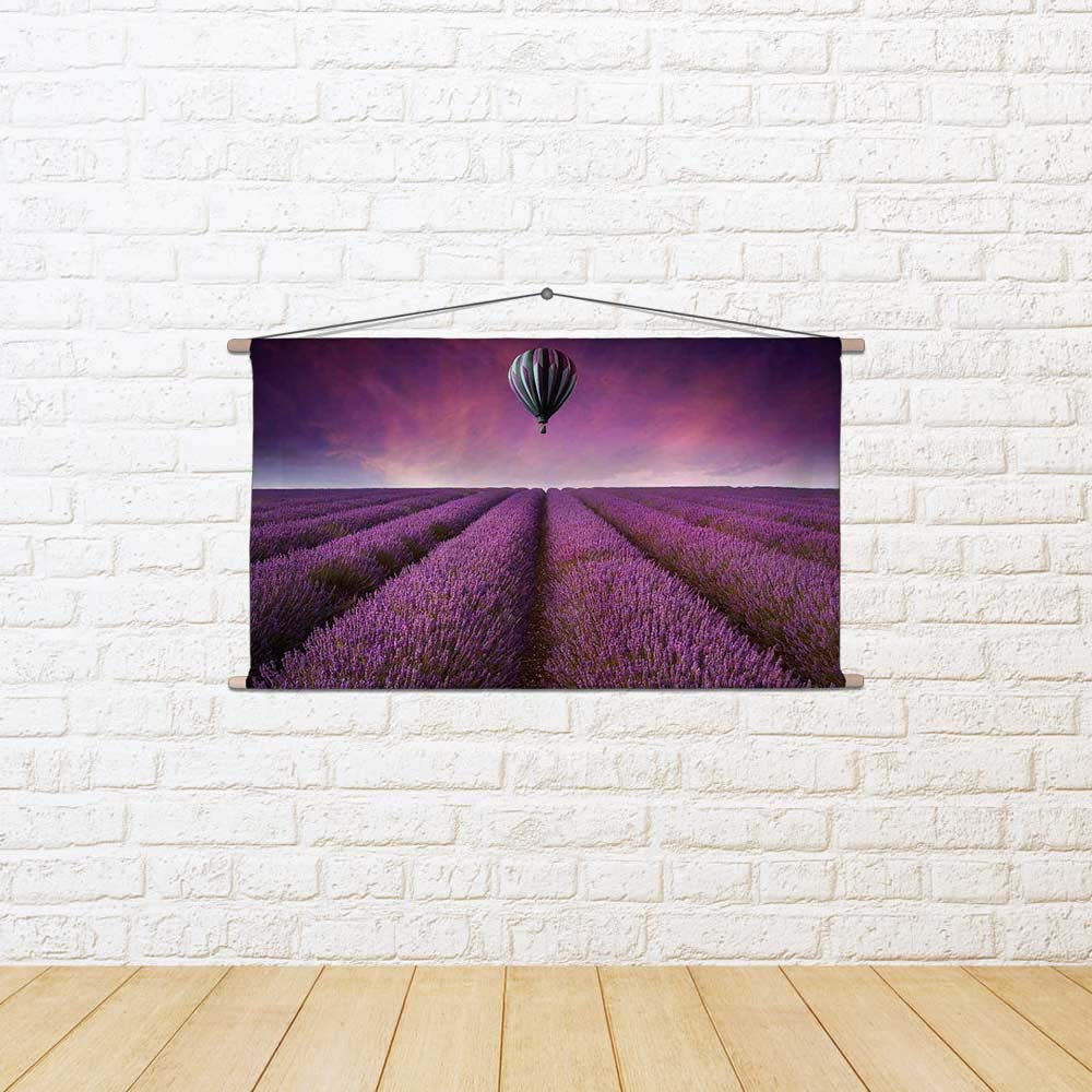 Artzfolio Landscape with Hot Air Balloon Satin Painting Tapestry Scroll Art Hanging 35 X 19.2Inch