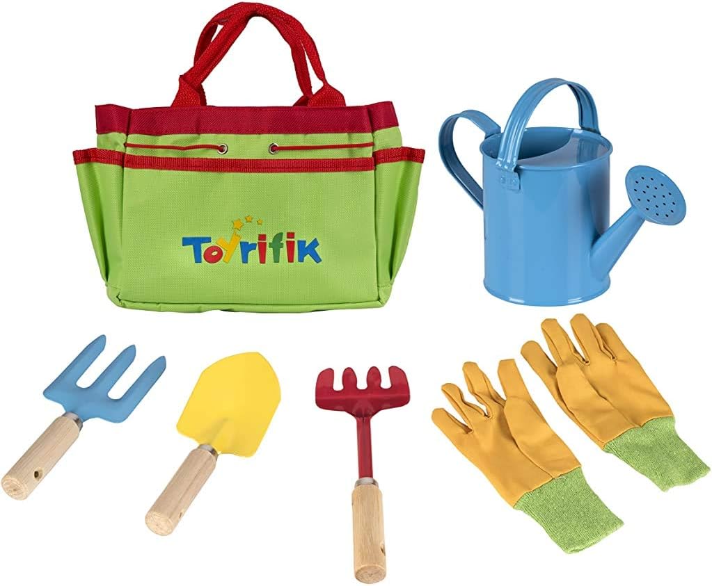 Little Gardener Tool Set with Garden Tools Bag for Kids Gardening - Kit Includes Watering Can, Children Gardening Gloves, Shovel, Rake, Fork and Garden Tote Bag-Children Gardening All in One Kit : Toys & Games