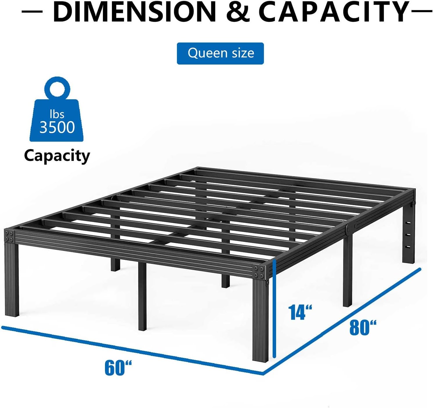 ZIYOO Queen Size Bed Frame, 14 Inches Platform Bed Frame, 3500lbs Heavy Duty Steel Slat, Non-Slip Design, No Box Spring Needed, Easy Assembly, Quiet Noise Free, Under Bed Storage Space, Black