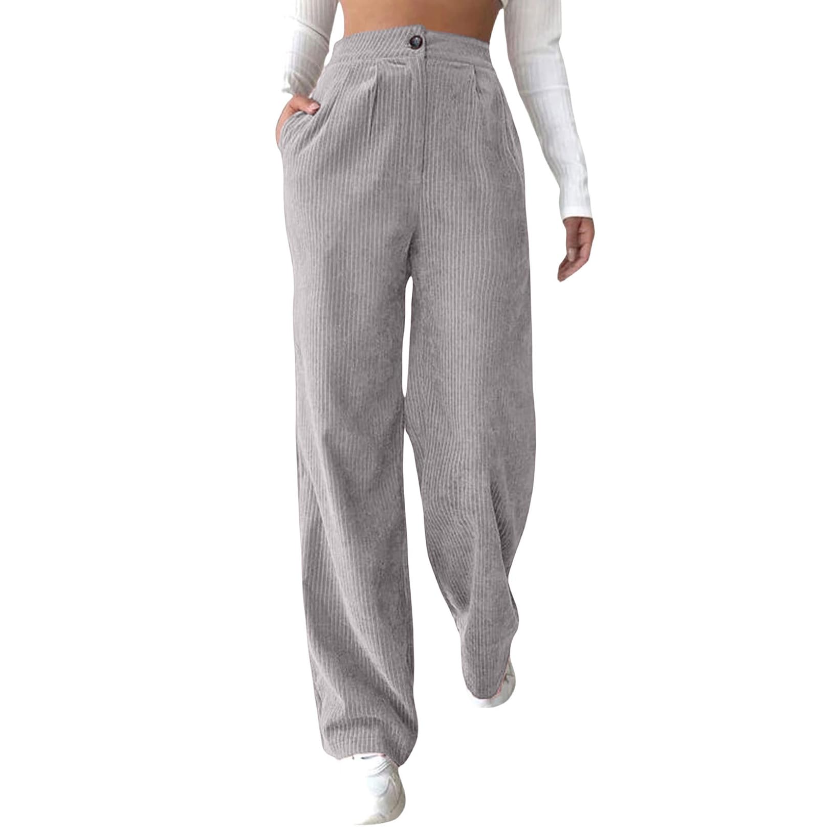 Womens Corduroy Pants High Waisted Wide Leg Work Pants Casual Button Down Business Trousers Spring Fall Loungewear