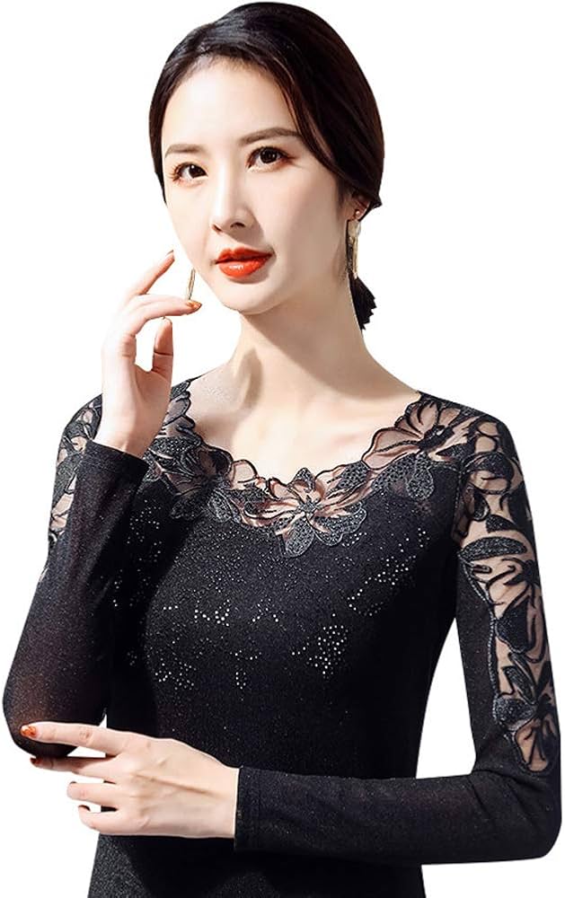 Amazon.co.jp: M~5XL レース柄 社交ダンス トップス 長袖 ラテンダンス