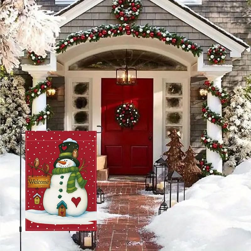 Christmas Snowman Garden Flag 12x18 Inch Winter Holiday Yard Outdoor Decorations with Birds, Welcome Sign & Snowflakes, outdoor flags - Image 2