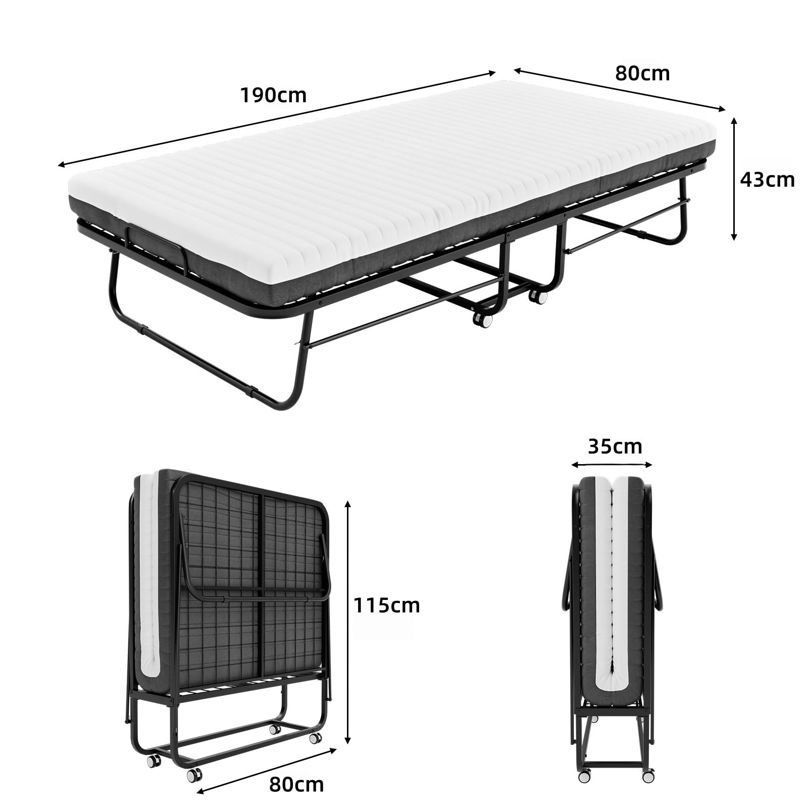 Klappbett 80x190 cm Erwachsene mit ca.13 cm Matratze aus Gedächtnisschaum Gästebett Klappbar Metallrahmen Klappbetten mit Rollen Reisebett Faltbares Metallbett Stabil bis 210 kg belastbar