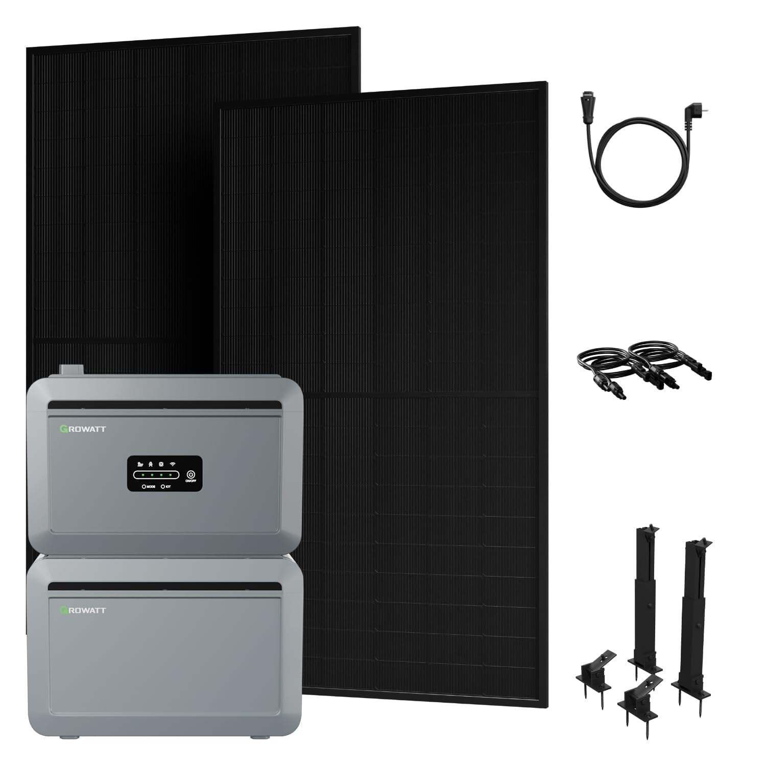 Powerness® All in One 1000W Balkonkraftwerk mit Speicher 4096Wh, Growatt NEXA 2000 mit 1× Erweiterungsakku, 2× 500W Solarmodule mit Flachdach Halterung, Zubehör Komplettset, Plug & Play (0% MwSt)