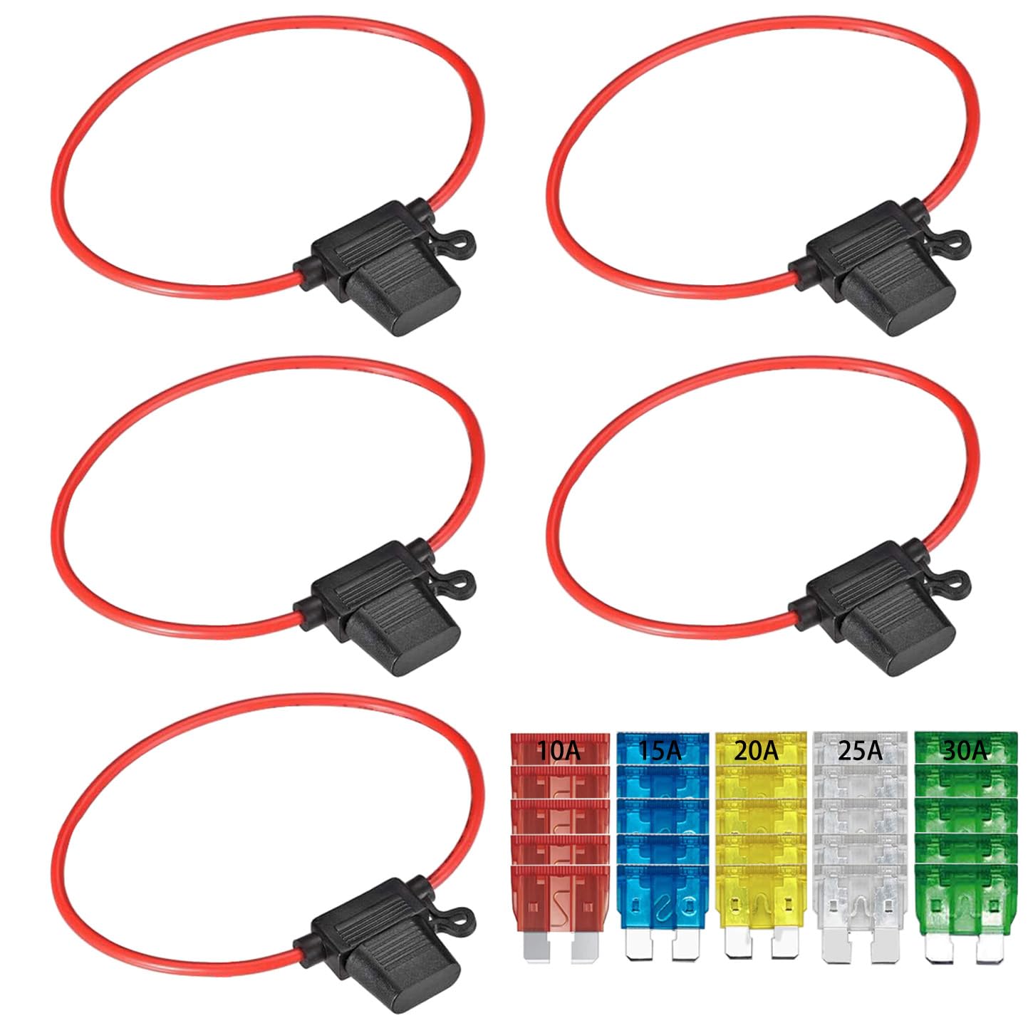 ALLECIN 4 Stuks Auto Zekeringhouders 10AWG Draad Platte Zekeringhouder Inline 32 V Waterdicht Met 10 A 15 A 30 A 40 A Standaard Platte Zekeringen