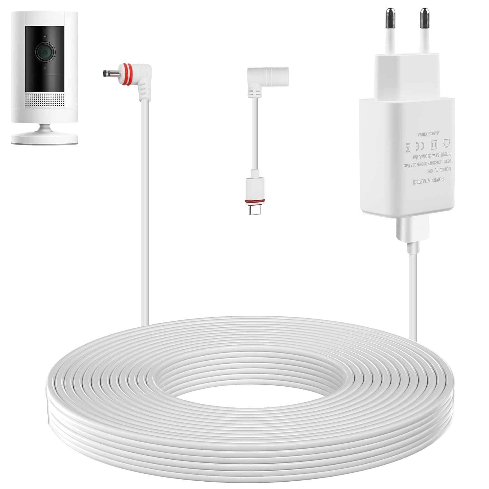 Kabel zasilający i adapter o długości 7,6 m, zasilacz do Arlo Pro Pro2, kompatybilny z Ring Spotlight Cam, przedłużacz, wtyczka odporna na warunki atmosferyczne i kabel do ładowania USB-C, biały kabel