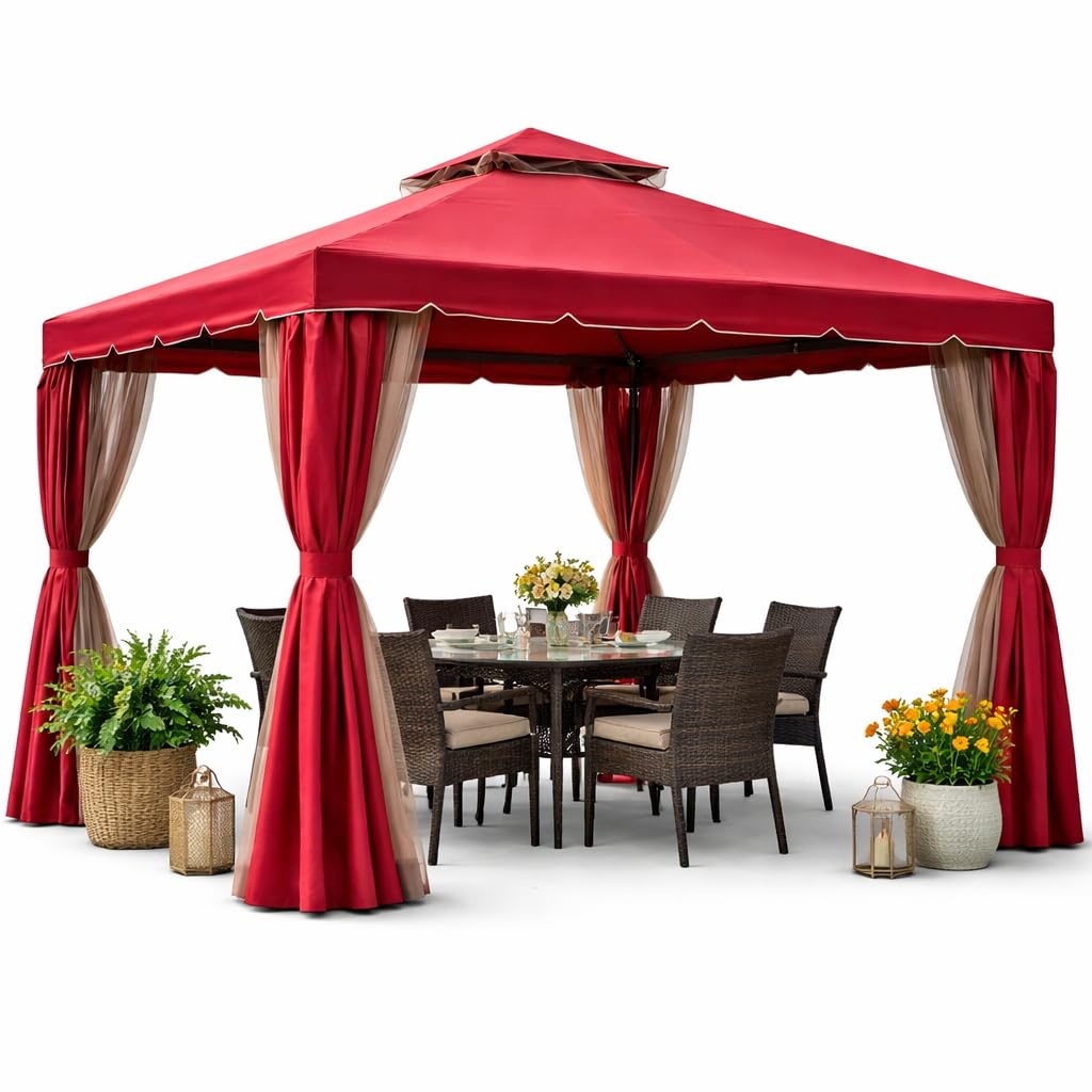 4 x 4 Outdoor Canopy Gazebo, Double Roof Patio Roman Gazebo Steel Frame with Netting and Shade Curtains for Garden, Patio, Party Canopy (Maroon)-image-20