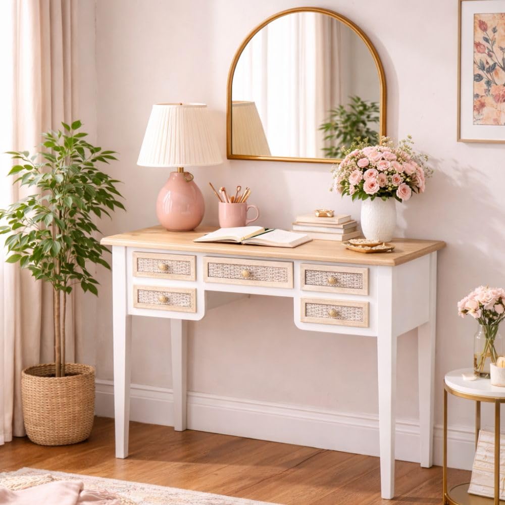 Scrivania Bianca in Legno 90x40x79 cm con 5 Cassetti, Scrittoio Elegante Stile Shabby Charm per Studio, Camera e Cucina