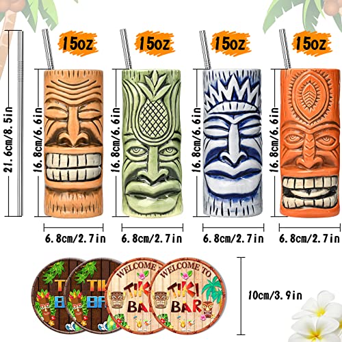 Tiki Mugs Set of 4, Ceramic Tiki Glass Cocktail Cups, Unique Cocktail Glasses - Image 2