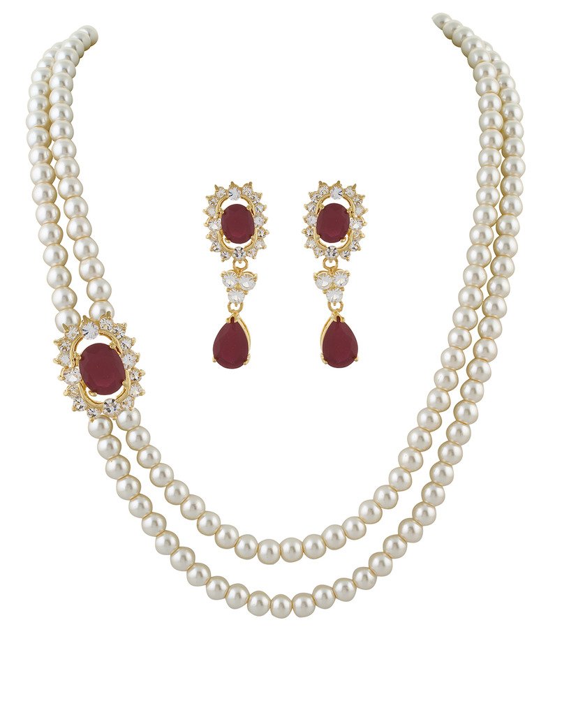 White Two layers pearl With Red Beads & CZ stones Side Brooch Hanging Earrings of Necklace Set