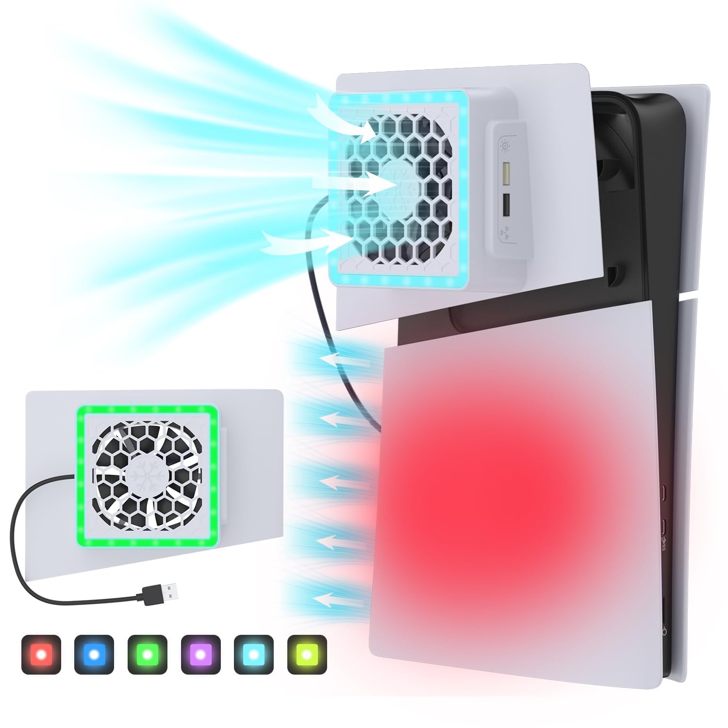 Ventilateur de refroidissement pour PS5 Slim Accessoires : affichage LED RVB Station de refroidissement pour PS5 Slim Disque/console numérique avec ports USB et ventilateur turbo haute