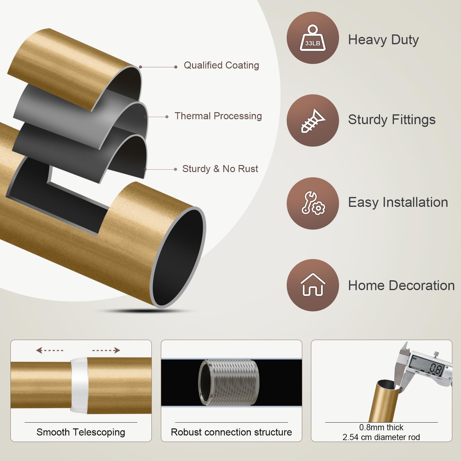 Asta per Tende Oro 80-292cm, Asta per Tende Regolabile in Metallo Resistente con Staffe e Finiali, Asta per Tende Estensibile per Finestra per Esterno, Camera da Letto, Cucina, Soggiorno