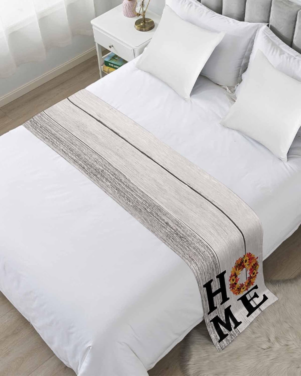 Thanksgiving Bed Runner Scarf King Size, Fall Maple Leaf Grey Stripe Wooden Grain Luxury Bed Throw Runners & Scarves for Foot of Bed, Bedroom Hotel Wedding Room Decoration, 94"x20"