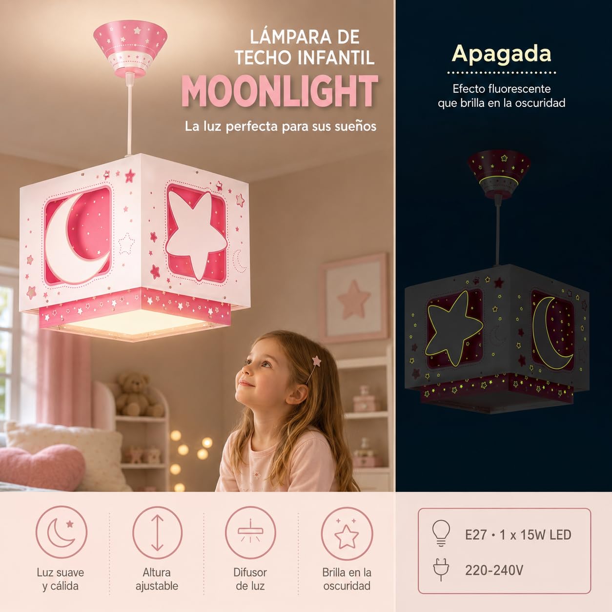 Dalber Lámpara Techo Colgante Infantil Luna y Estrellas Rosa 63232MS E27 | Incluye difusor de luz inferior extraible; Habitación niños; lámparas infantiles; Moonlight
