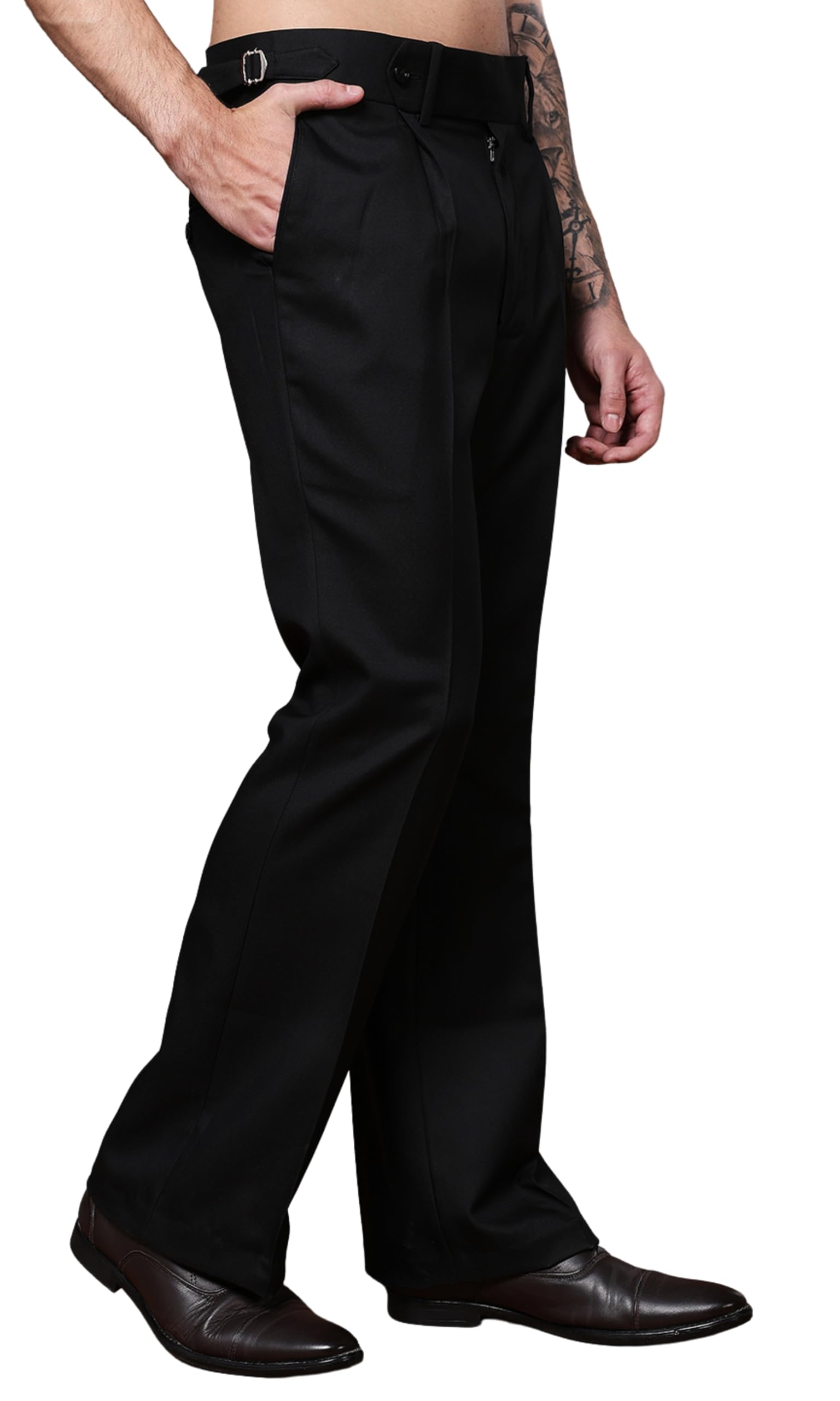 Mens Beige Gurkha Pants with Single Button Closure Premium Casual Bell Bottom Trousers for Men High Waist Pleated Formal & Casual Wear Pant Stylish Retro Flared Bottom Pant-image-26