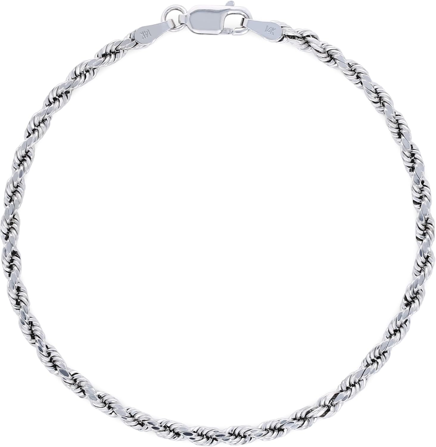 Nuragold 14k White Gold 3mm Rope Chain Diamond Cut Bracelet or Anklet (7"-9") Italian Jewelry for Men & Women