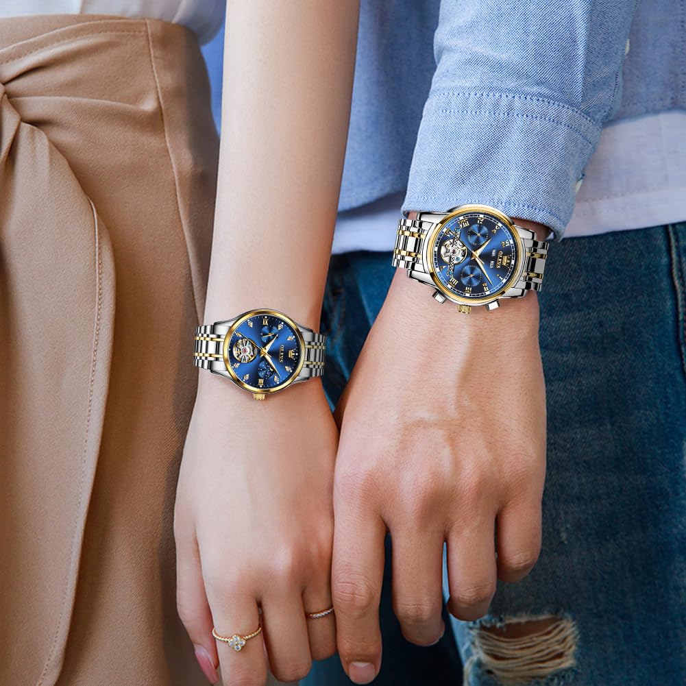 OLEVS Pärchen-Uhren für Damen und Herren, automatische Uhr für Sie und Ihn, mechanischer Abschleppton, Edelstahl, wasserdicht, leuchtend, Datumsanzeige