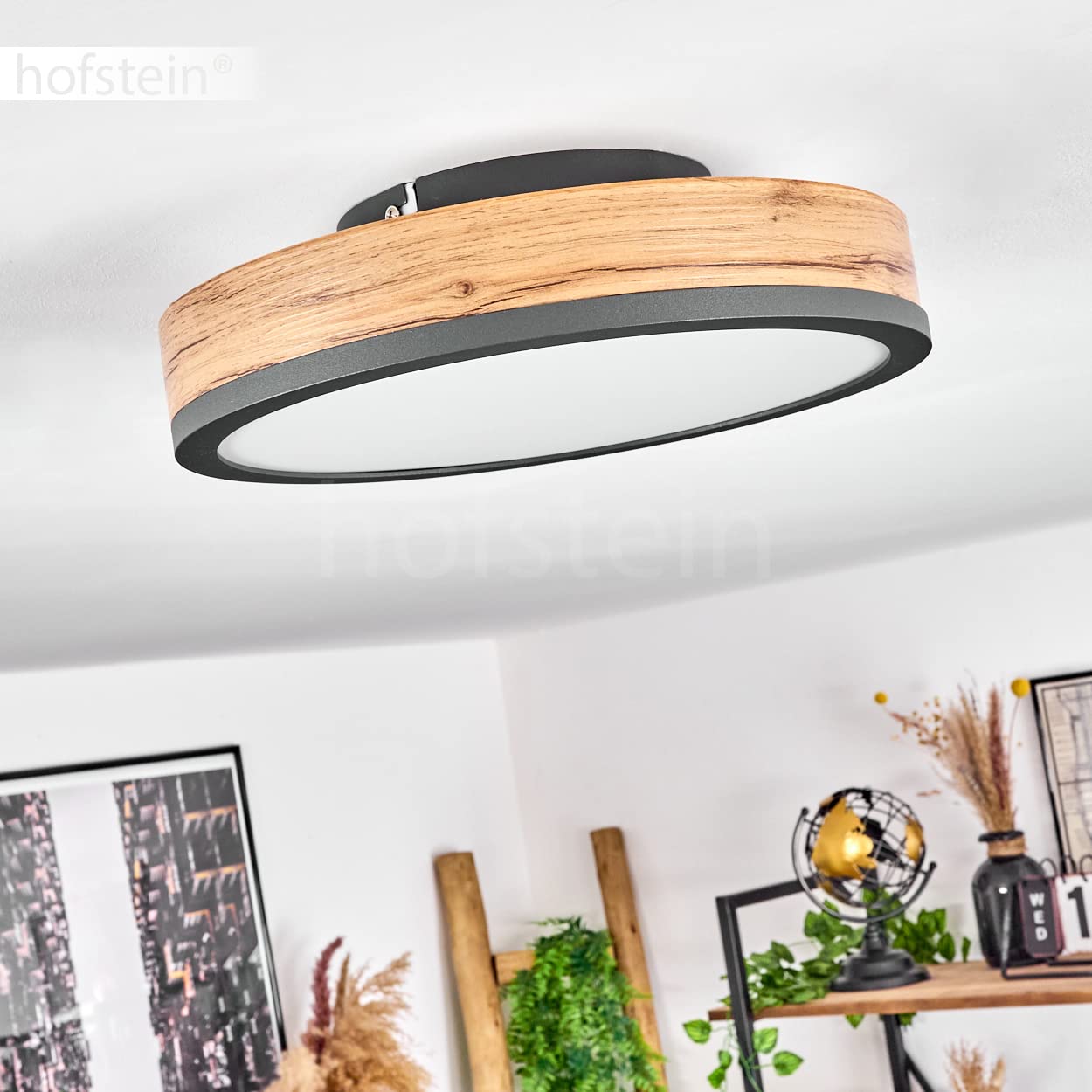 HOFSTEIN LED Deckenleuchte Salmi, Deckenpanel aus Metall/MDF/Kunststoff in Anthrazit/Holzoptik/Weiß, Leuchte im flachen Design, Ø 30 cm, 12 Watt, 950 Lumen, 3000 Kelvin, Esszimmer, Küche, Schlafzimmer