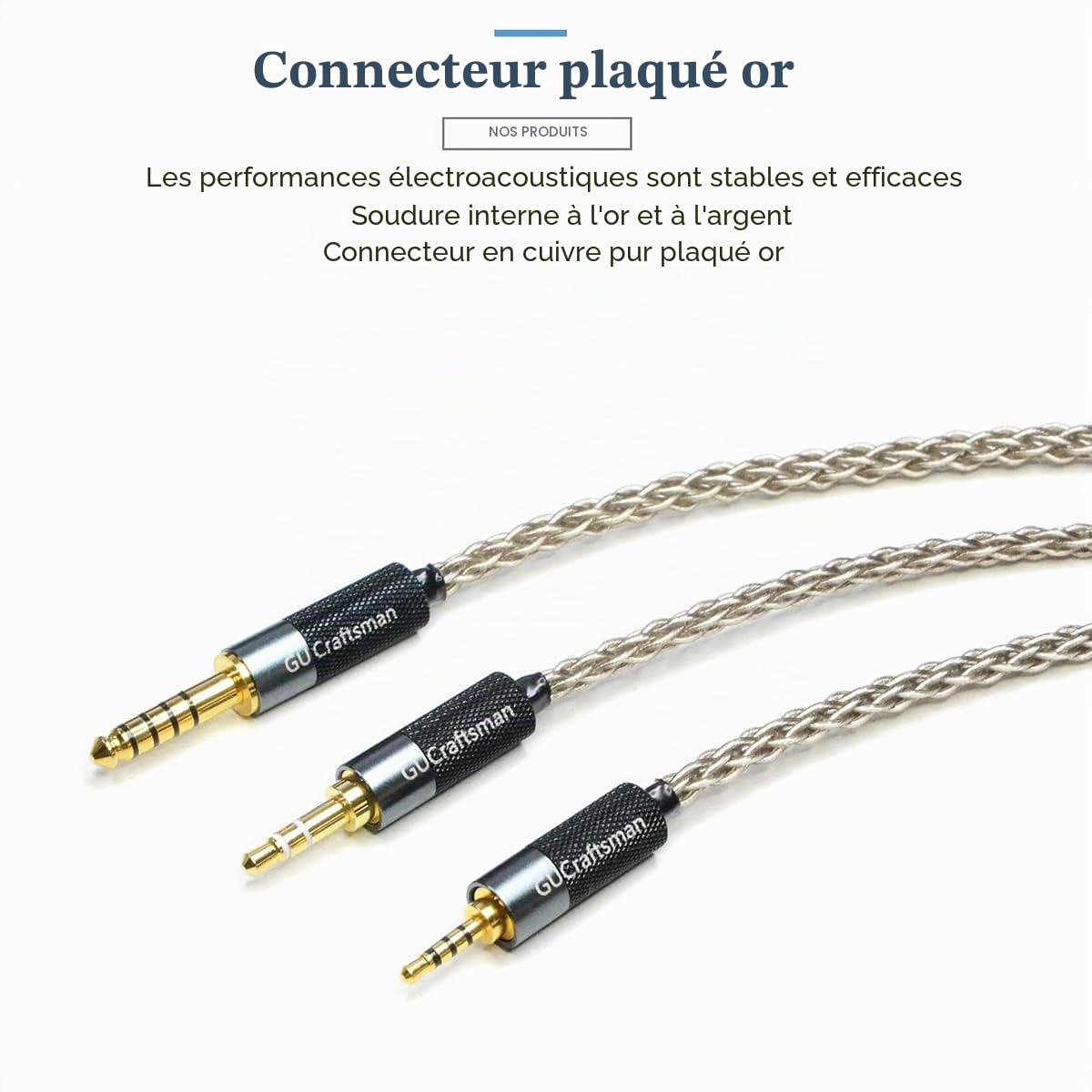 GUCraftsman Câble adaptateur de casque stéréo mâle 3,5 mm vers femelle équilibrée 4,4 mm 6 N argent cristal unique pour lecteurs audio avec ports 3,5 mm