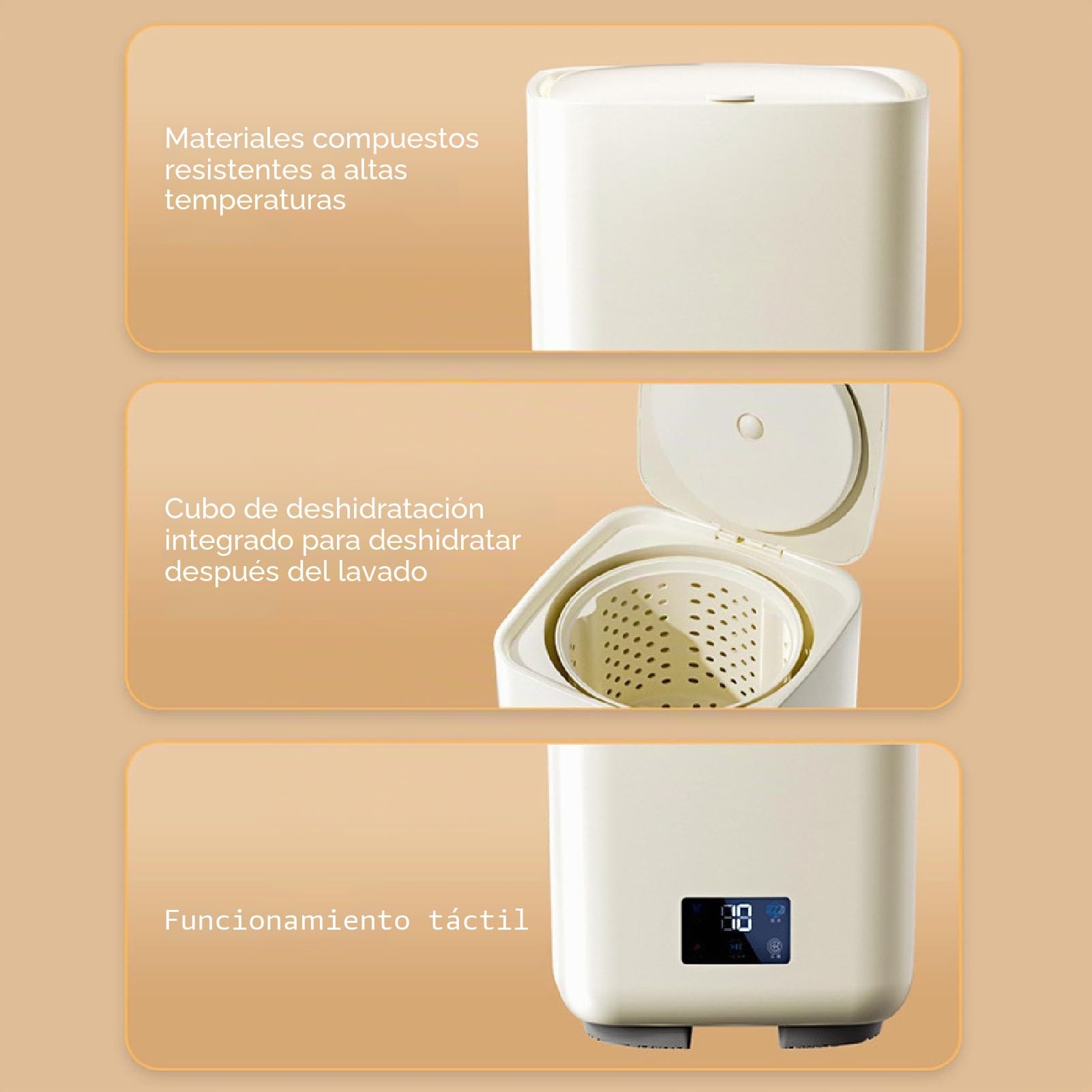 Lavadora Portátil, 7L Gran Capacidad Mini Lavadora Totalmente Automática con Centrifugadora, Pantalla Táctil LCD Lavadora Pequeña para Ropa Interior Pequeña, (Beige)