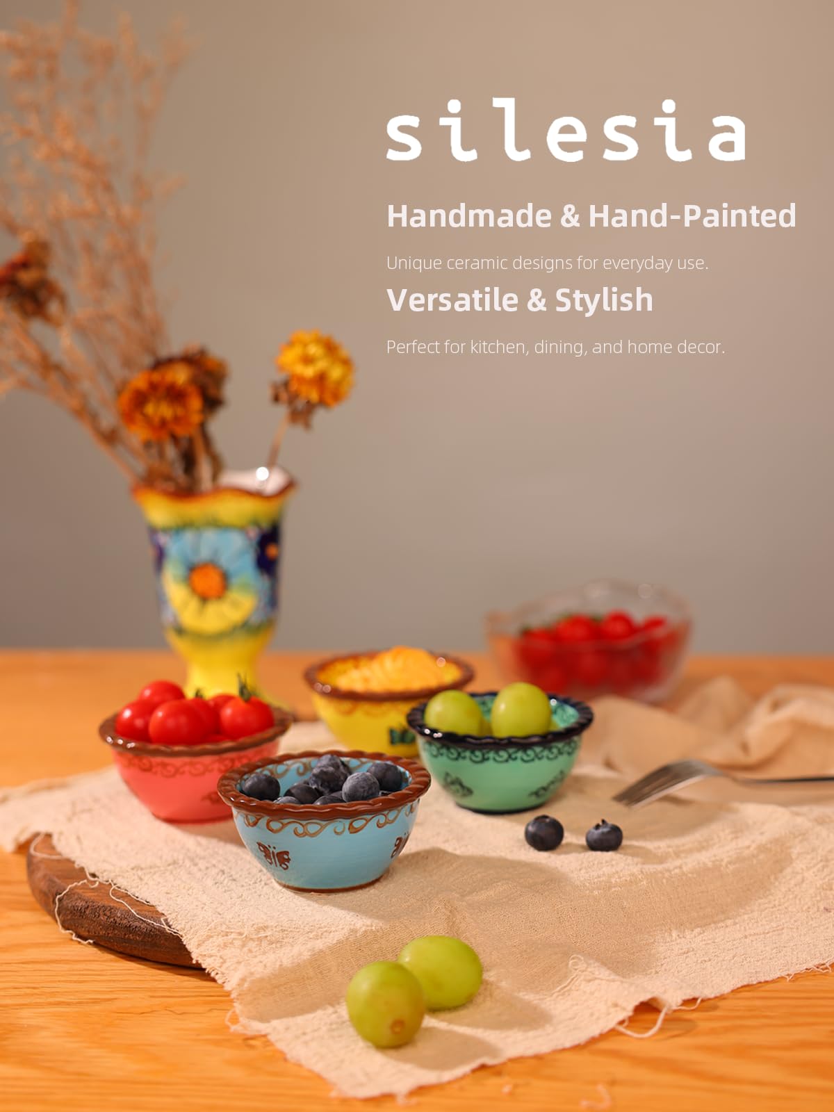 silesia - Juego de 4 vasos de cerámica hechos a mano de 3 onzas para pudín de crema brulee, cuencos pequeños pintados a mano para cocina, en caja de regalo, aptos para microondas y lavavajillas, 3.5
