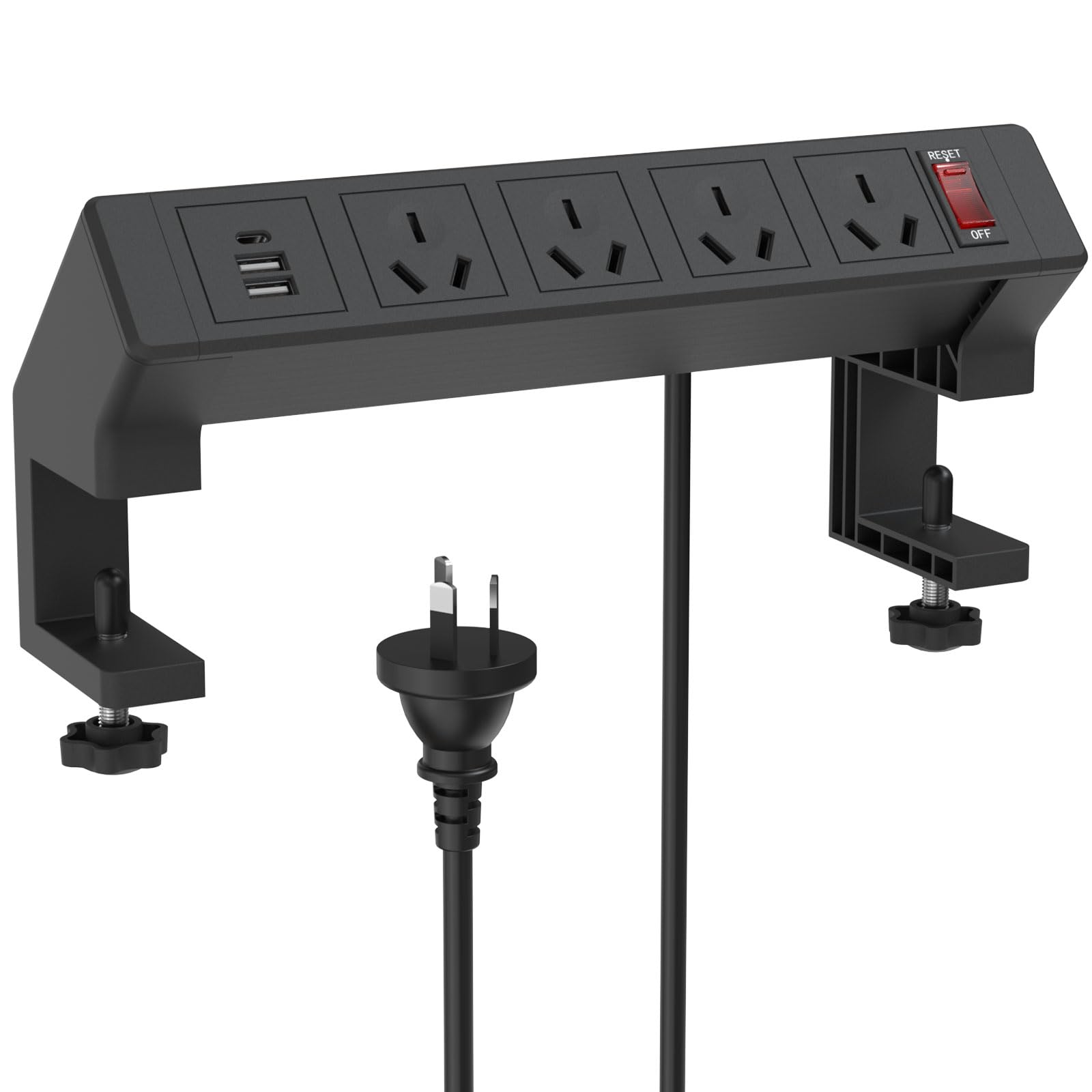 Desk Clamp Power Strip AU Plug, 4 AU Outlets, USB & Type-C Ports, Stable Dual-Clamp Desktop Edge Mount Computer Accessories for Desk Power Strip Clamp On Desk Shelf, Secure Desk Organizer, 1.8m Cable