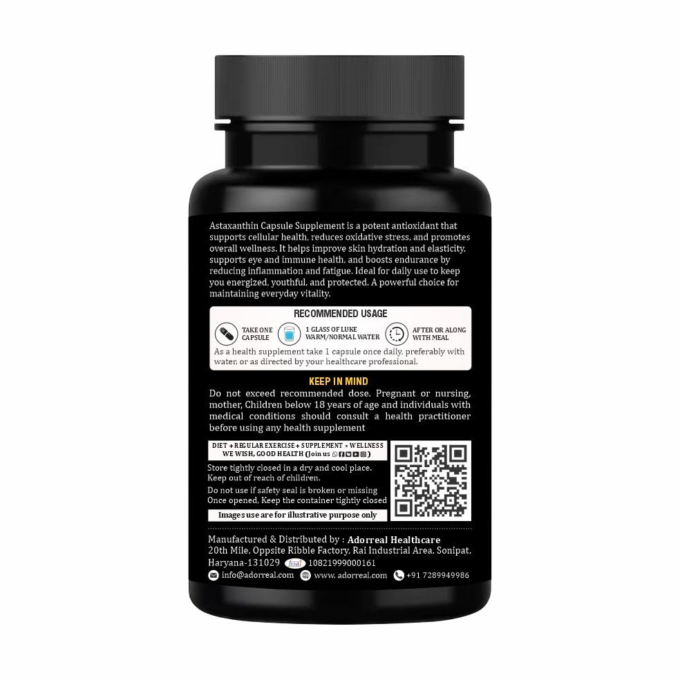 Adorreal Astaxanthin Naturally Sourced, 10mg, 60 Capsules, Rich in Antioxidant, Supports Immune Function, Eye Health, Skin Hydration