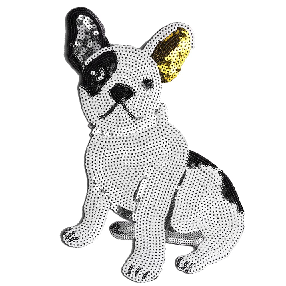 LOCOMO Large Cute Dog Sequin Iron On Patch Sew On Patch Sparkling French Bulldog DIY Applique Motif for Kid Adult Clothing Jacket Backpack Decoration