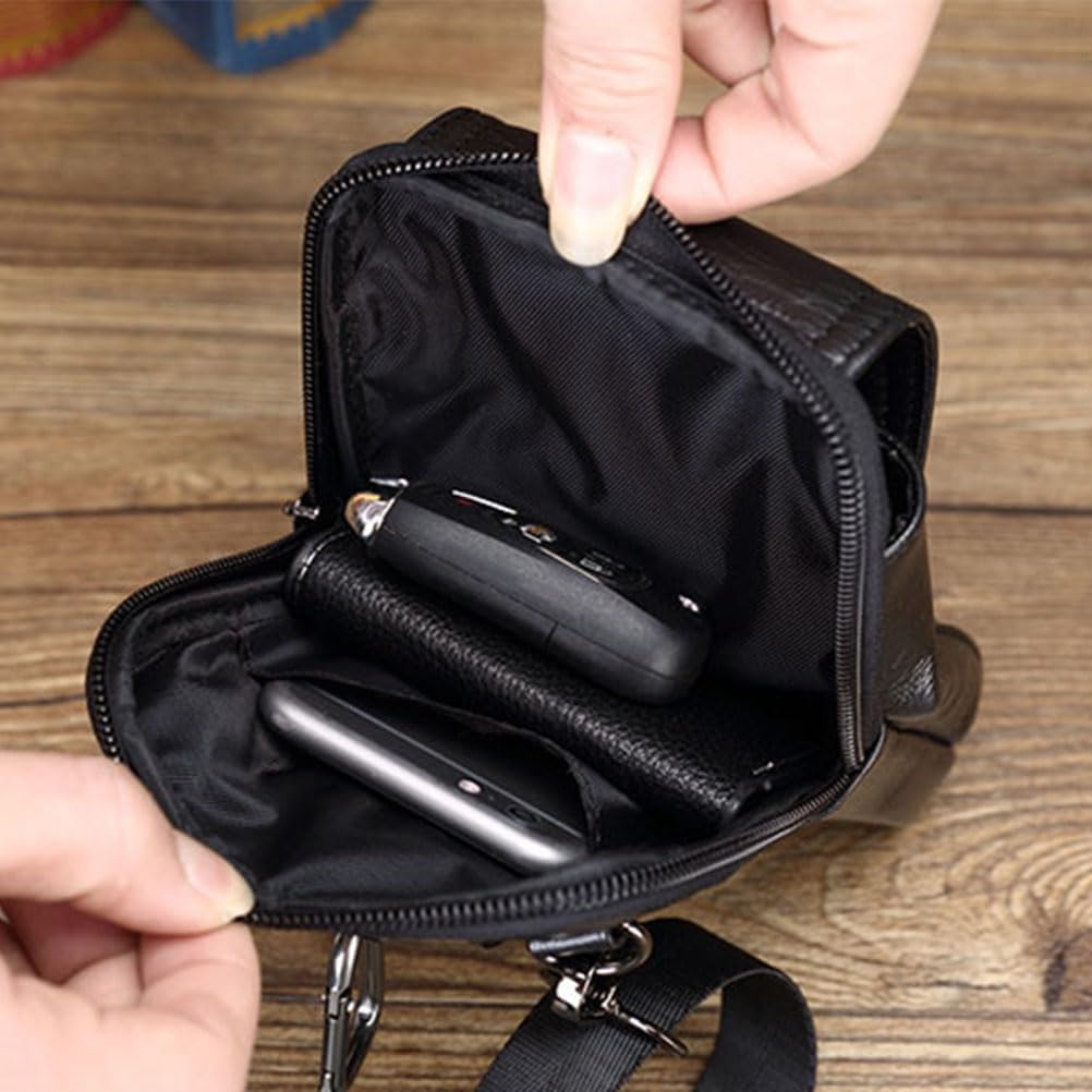 Cow Top Layer Leather Waist Belt Bag Small Classic Side Fanny Pack Hip Bum Purse Smartphone Pouch Model 12-Black