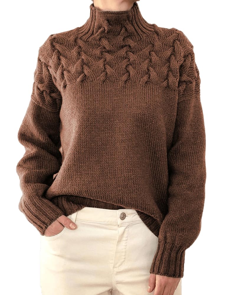 Womens 2025 Cable Knit Turtleneck Sweater Cozy Long Sleeve Pullover Tops Lightweight Casual