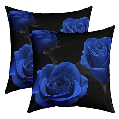 2 Stück Rosen-Dekorative Wurf-Kissenbezüge, weiches Rosen-Blumenstrauß, quadratisches Kissenbezug-Set für Couch, Sofa, Schlafzimmer, Wohnzimmer, elegant, königsblau, Kissenbezüge, 50.8x50.8 cm Cover