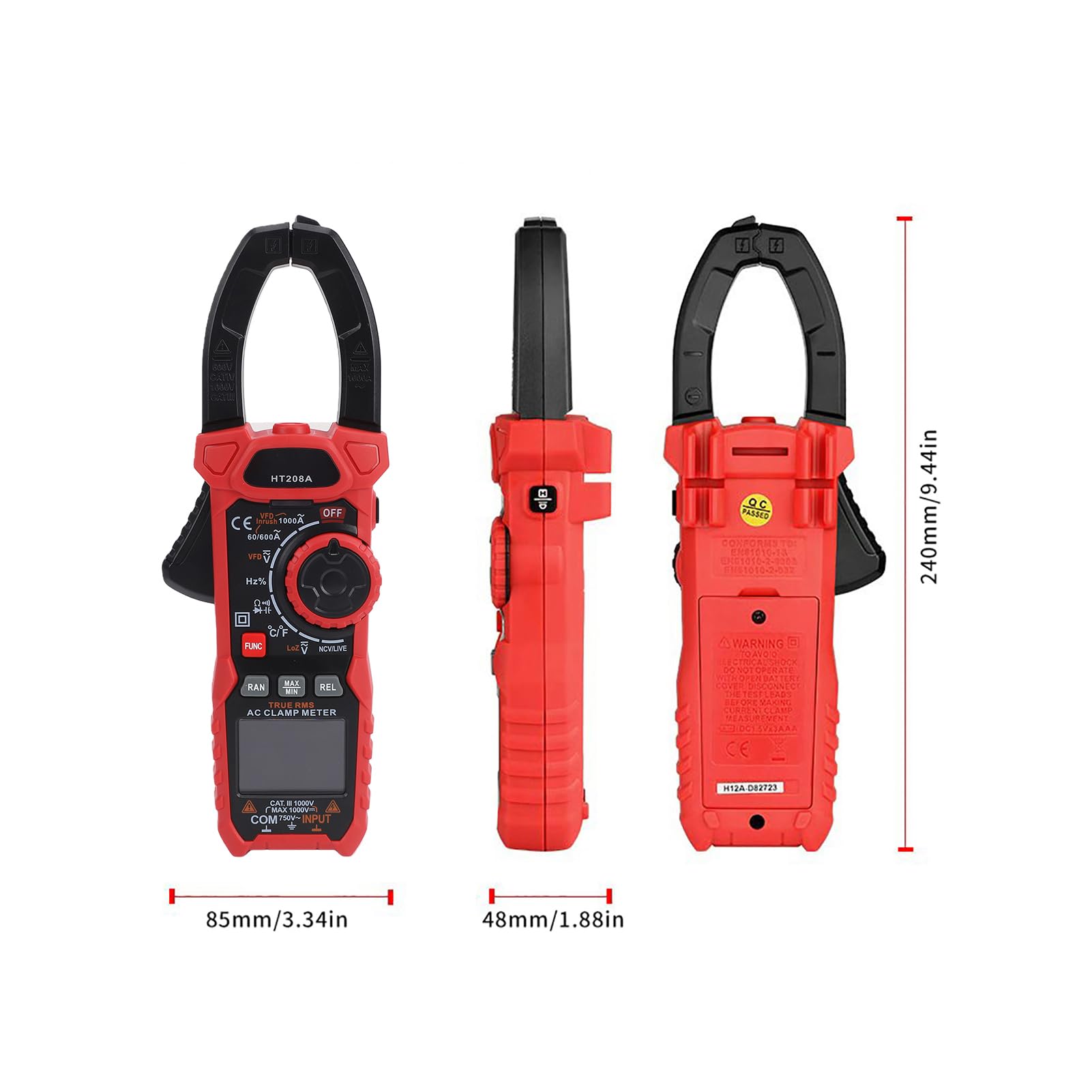 Pinza Amperometrica Digitale 6000 Conteggi NCV Tester di Tensione Senza Contatto Ganascia da 40 Mm, con Corrente CA CC Tensione Resistenza Capacità Temperatura (HT208A senza batteria (1000