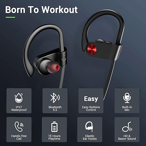 Miniatura 9 de Vrifoz Auriculares Bluetooth, IPX7 impermeables, inalámbricos, deportivos, para entrenamiento, gimnasio, 12 horas de reproducción con micrófono de