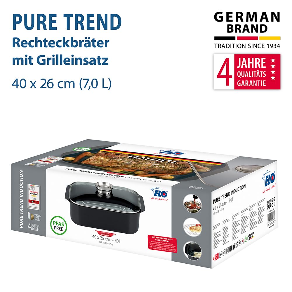 Elo 82661 Bräter Pure Trend Induktion 40 x 25 cm, Schwarz | mit Grillrost, kratzfest, ELODUR Select Beschichtung, Induktion, spülmaschinengeeignet