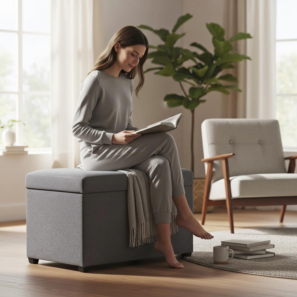 HAKU Sitztruhe grau, MDF, Textilgewebe Cord - Maße: B 58 cm x H 42 cm x T 39 cm, Style: Modern