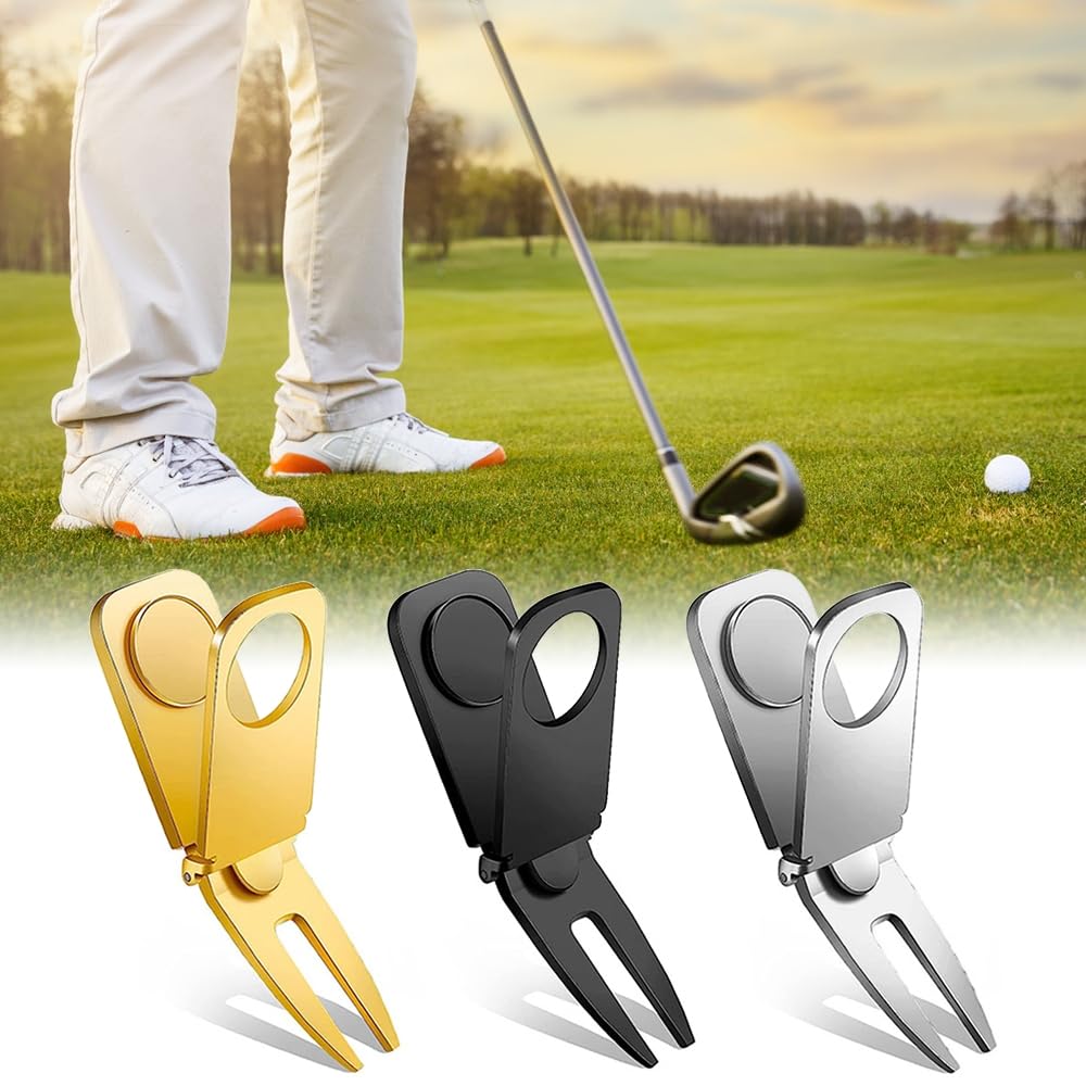 MiOYOOW Lot de 3 Outil Magnétique de Divot de Golf, Outil Pliable de Divot de Réparation de Golf avec Porte-Cigare de Marqueur de Balle pour Le Golfeur, Accessoires de Golf