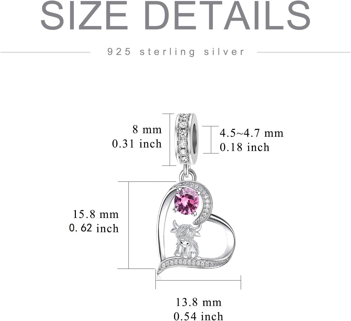 Sterling Silver Highland Cow Birthstone Charm for Bracelet - Cow Lover Gift for Women - Image 4