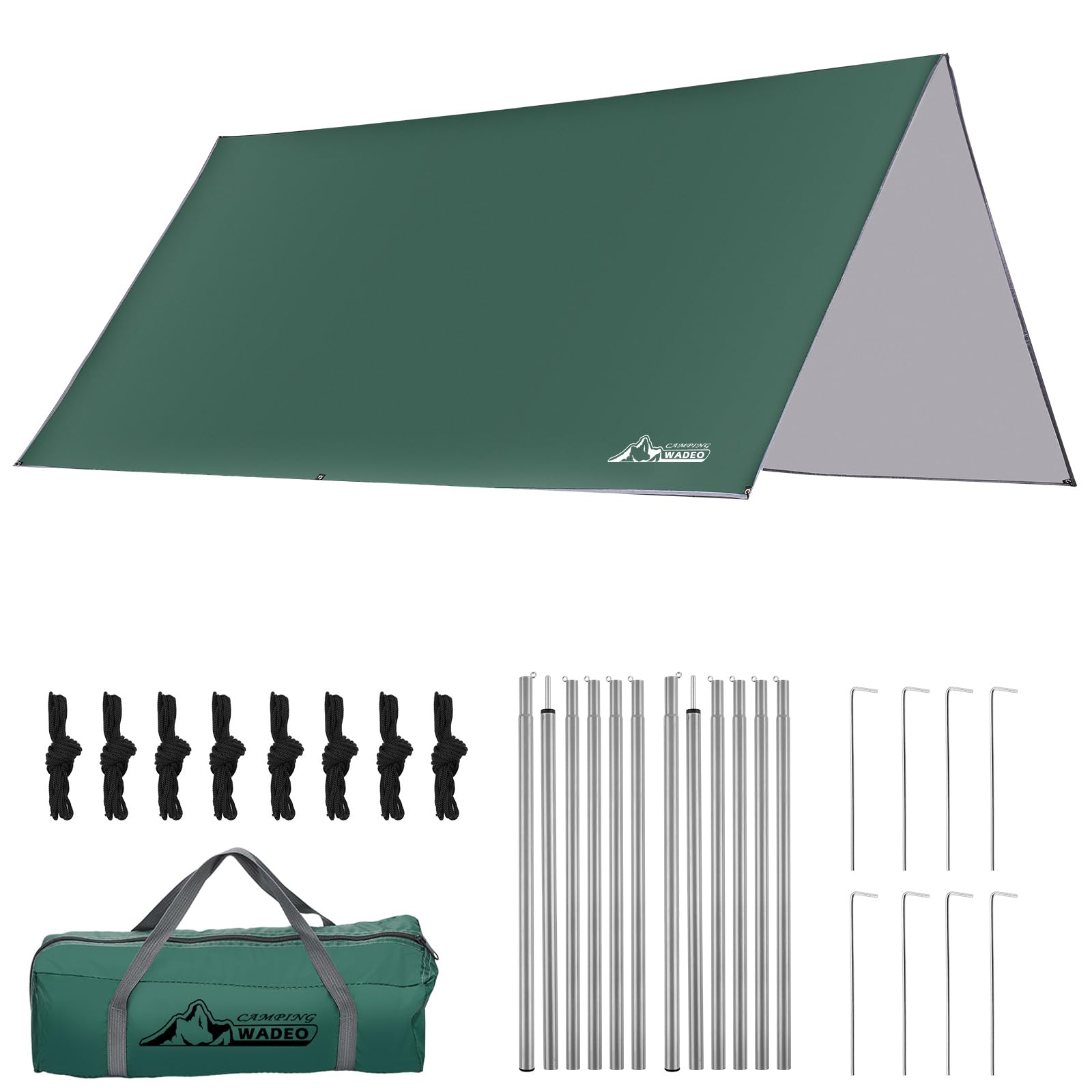 WADEO Tarp with Poles Kit, [3x3M/10×10FT] Waterproof Heavy-Duty, UV Protection, Sun & Rain Cover Tarp Shelter, Hammock Tent, perfect for Camping, Pinic, Beach, Festival, Garden