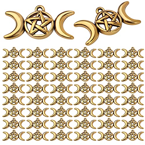 40pcs Antique Gold Pentagram Moon Pendant Charms Alloy Triple Moon Charm Pentacle Moon Charms Pentagram Charms for DIY Jewelry Necklace Bracelet Making Accessory