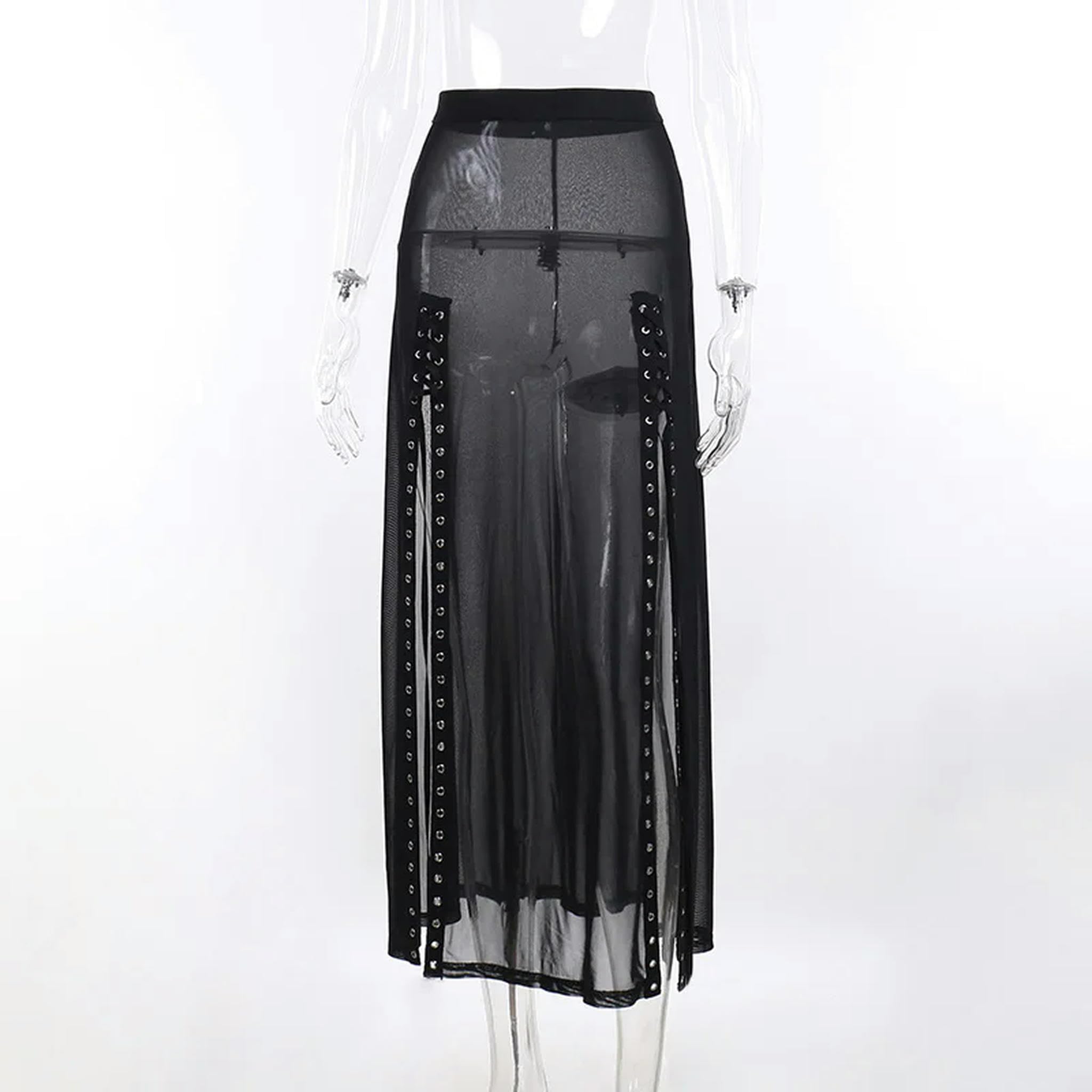 Falda Negra Punk Harajuku con Agujeros, Falda Larga gótica con Ojales y Retazos, Falda de Verano, Negra, S