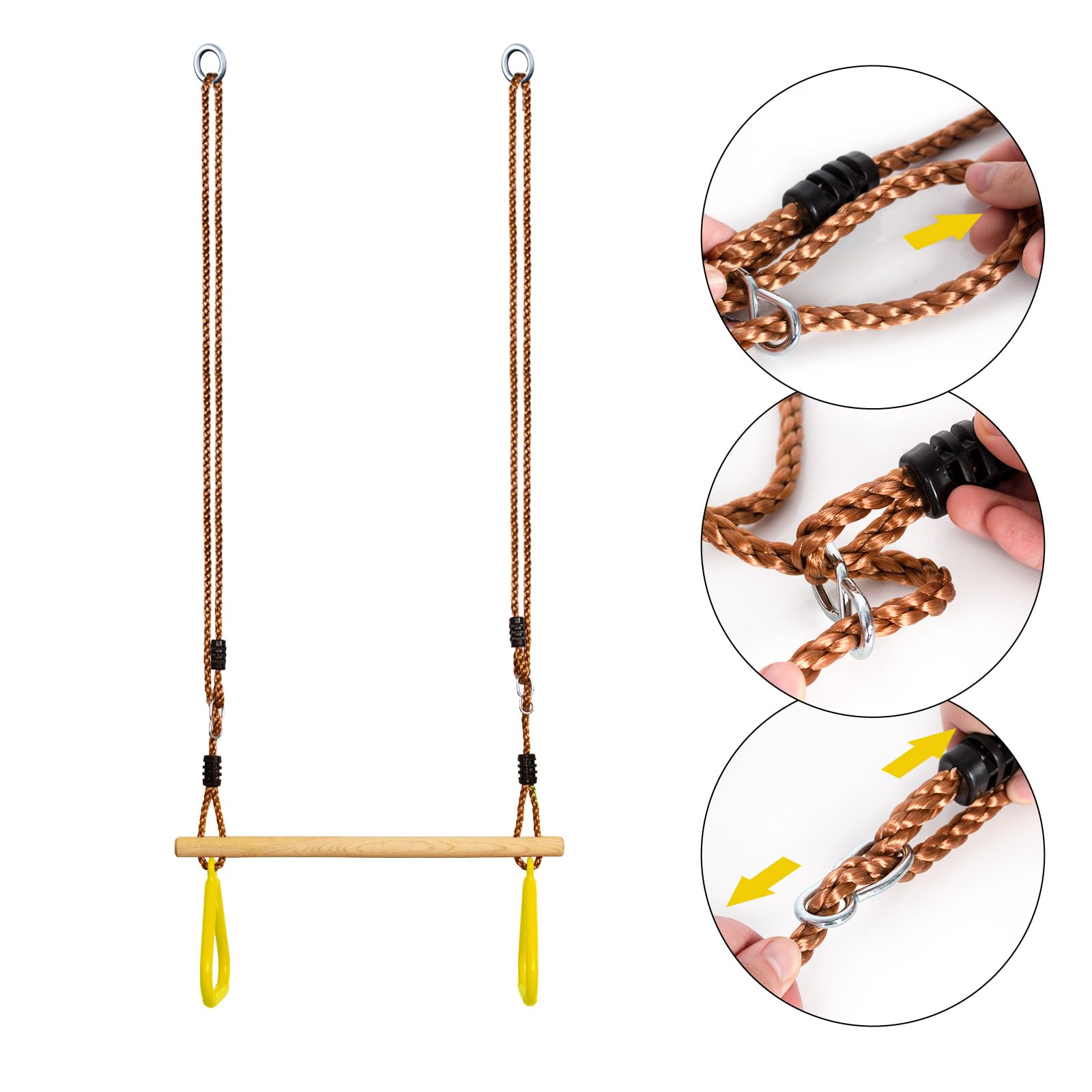 Leogreen Trapèze Balançoire en Bois avec Anneaux de Gymnastique, Jaune | 58*(120-200)cm, Charge maximale 150 kg, hauteur réglable, Barre de Traction de jardin extérieur pour Fitness