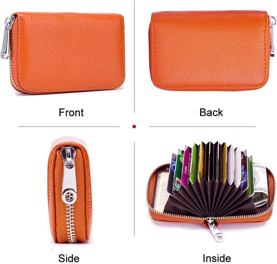 Image of VOGARD Unisex RFID Blocking Leather Card Holder Wallet with Zip Closure | 12 Card Slots & Cash Pocket | Compact Accordion Credit Card Organizer for Men & Women (Orange)